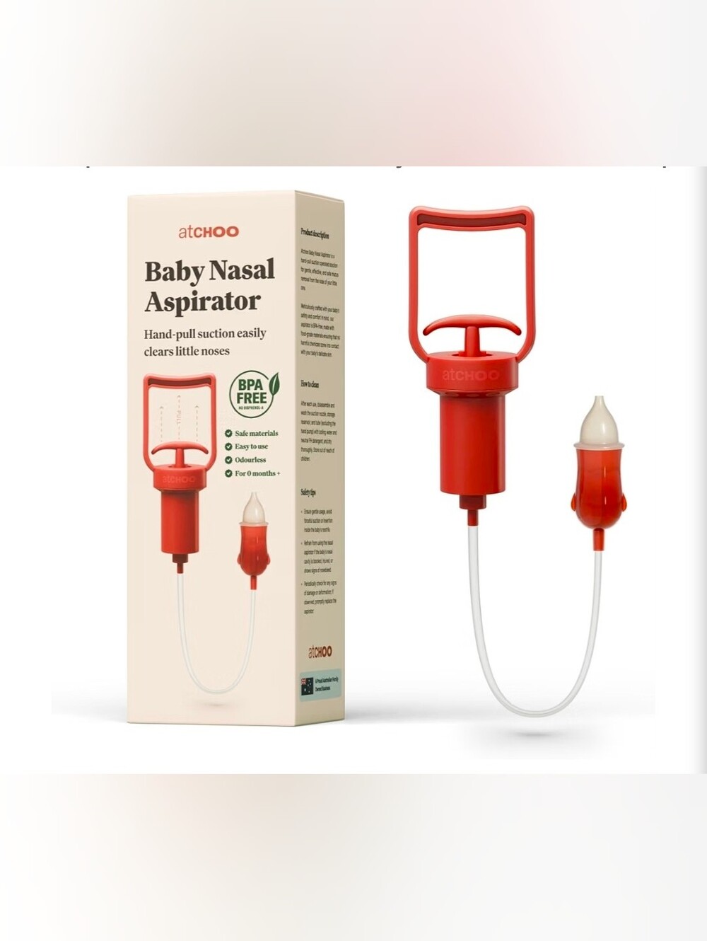 Atchoo Baby Nasal Aspirator Hand Pull Suction BPA Free Red Silicone Rubber New